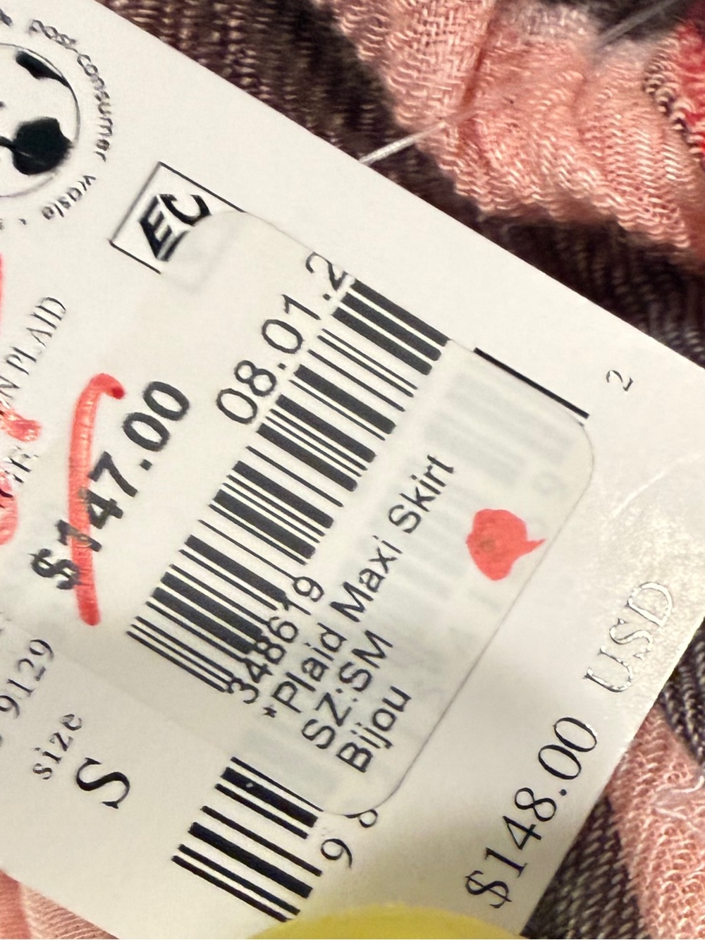 NWT Free People skirt Bordeaux Plaid Tiered Maxi peach - renaissance S (XS-M?) - Picture 16 of 17